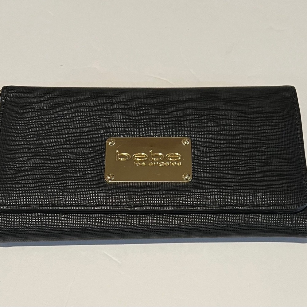 Bebe Black Wallet with Textured Leather and Gold Hardware